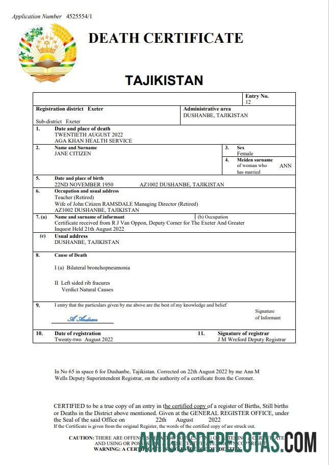 Dapat Diedit Tajikistan vital record kematian sertifikat Word and PDF templat