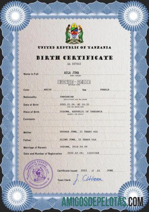 Dapat Diedit Tanzania kelahiran sertifikat PSD templat