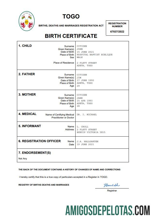 Profesional Togo vital record kelahiran sertifikat Word and PDF templat