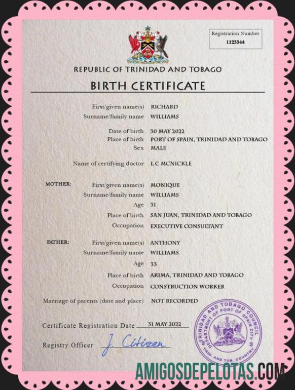 Dapat Diedit Trinidad dan Tobago vital record kelahiran sertifikat PSD templat
