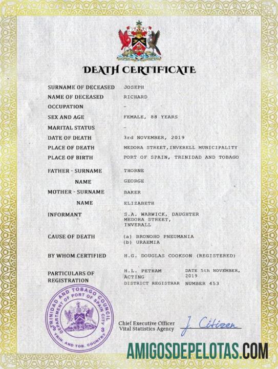 Premium Trinidad dan Tobago vital record kematian sertifikat PSD templat