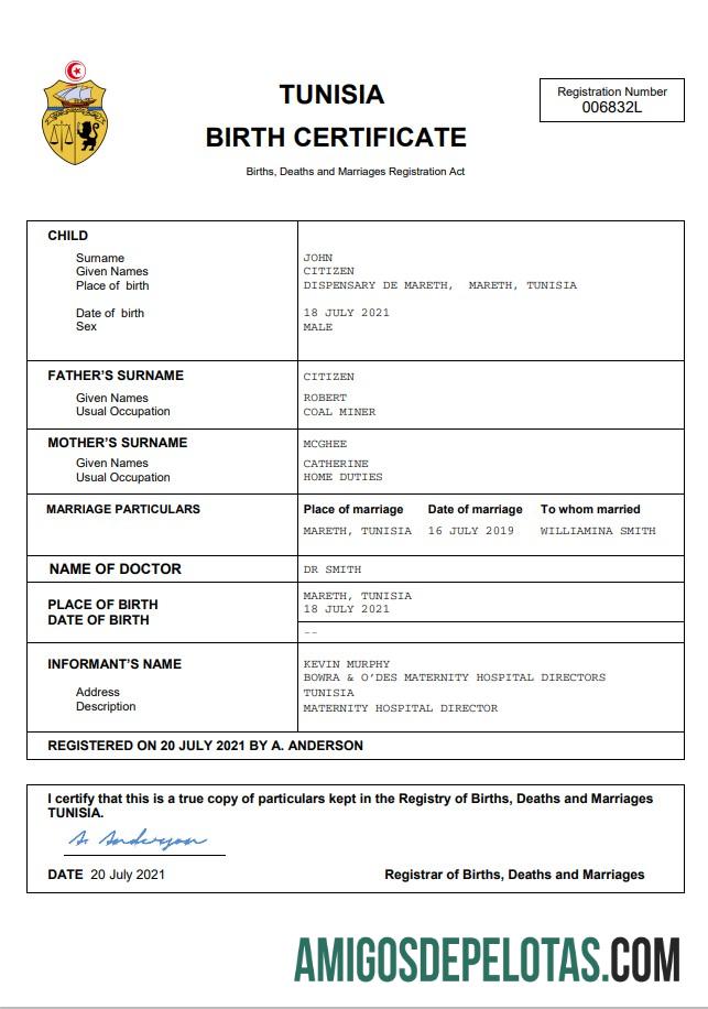 Profesional Tunisia vital record kelahiran sertifikat Word and PDF templat