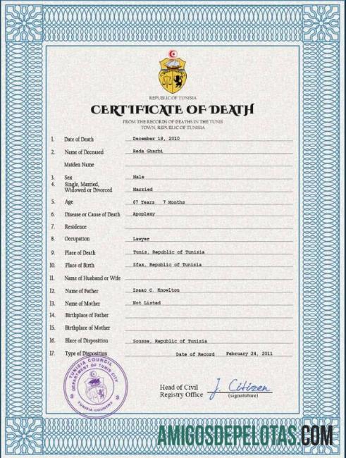 Premium Tunisia vital record kematian sertifikat PSD templat