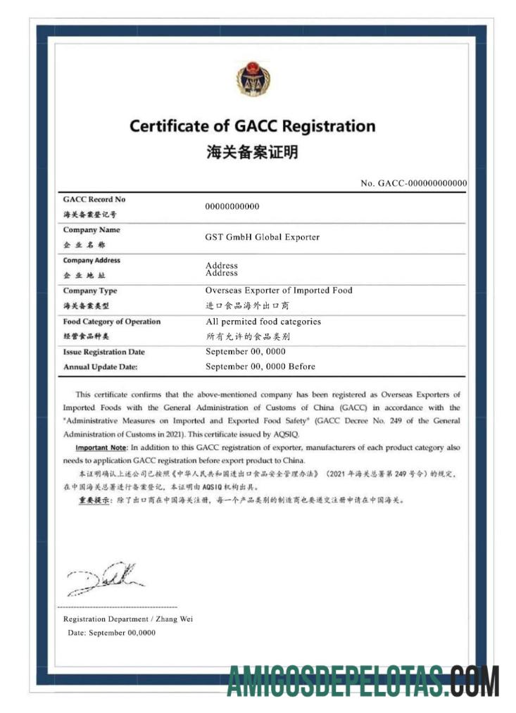 Turki sertifikat of GACC pendaftaran PSD contoh templat