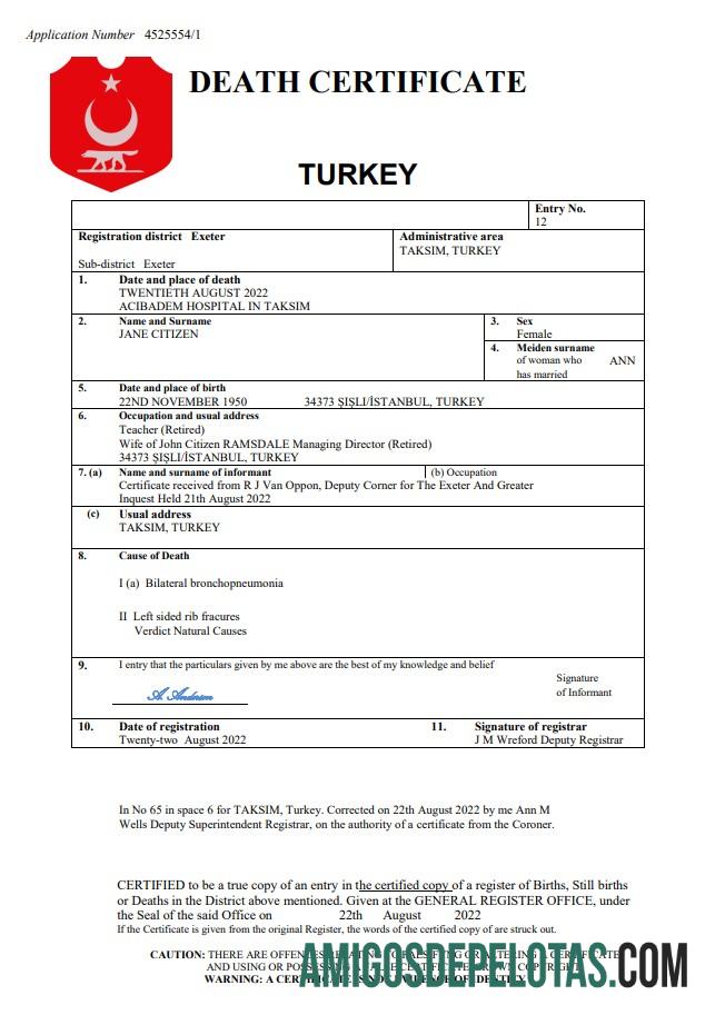 Realistis Turki vital record kematian sertifikat Word and PDF templat