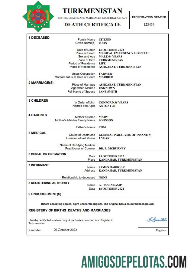 Profesional Turkmenistan kematian sertifikat Word and PDF templat