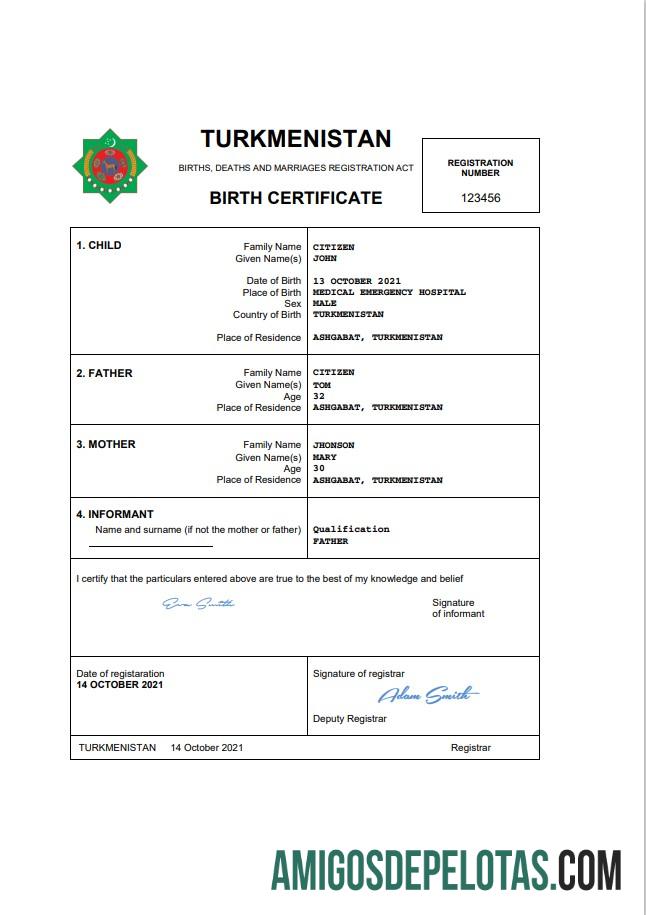 Dapat Diedit Turkmenistan vital record kelahiran sertifikat Word and PDF templat