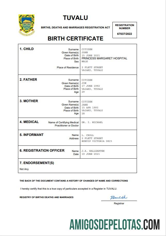 Profesional Tuvalu kelahiran sertifikat Word and PDF templat