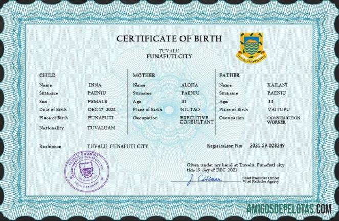 Realistis Tuvalu vital record kelahiran sertifikat PSD templat