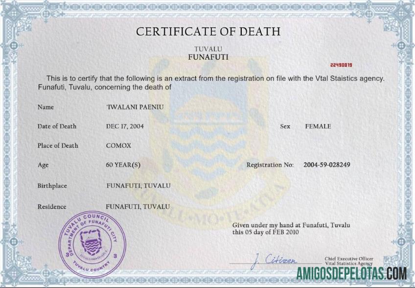 Realistis Tuvalu vital record kematian sertifikat PSD templat