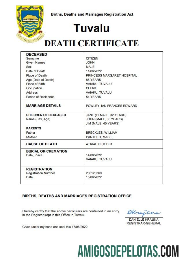 Premium Tuvalu vital record kematian sertifikat Word and PDF templat