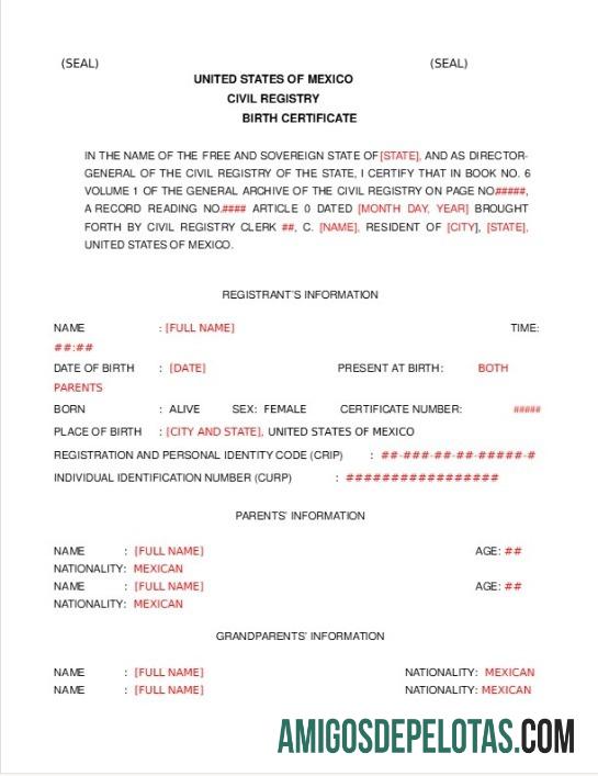 AS Civil registry of Meksiko kelahiran sertifikat sampel