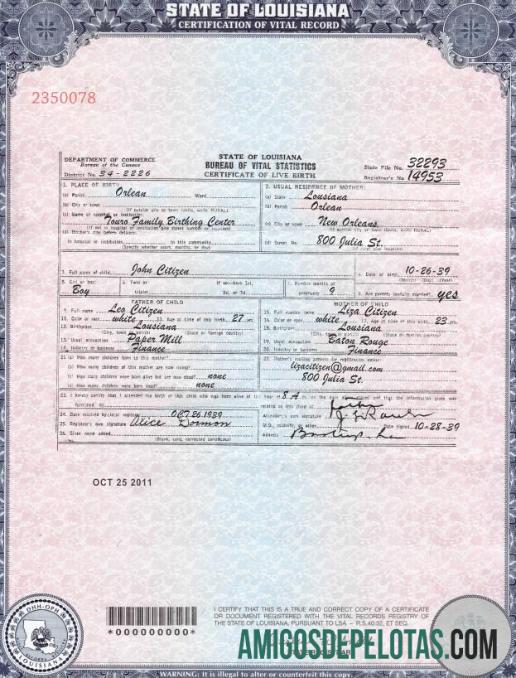 AS Louisiana kelahiran cert pratinjau