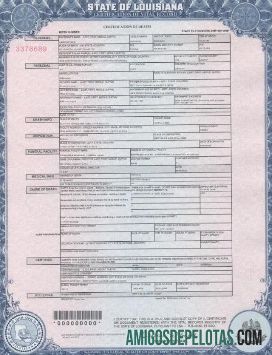 AS Louisiana kematian cert pratinjau