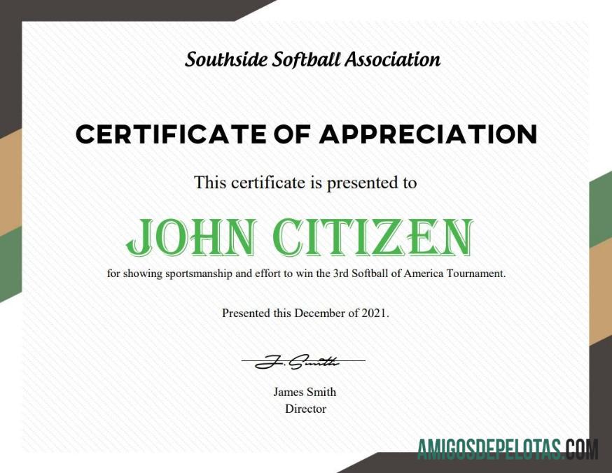 AS Softball sertifikat sampel