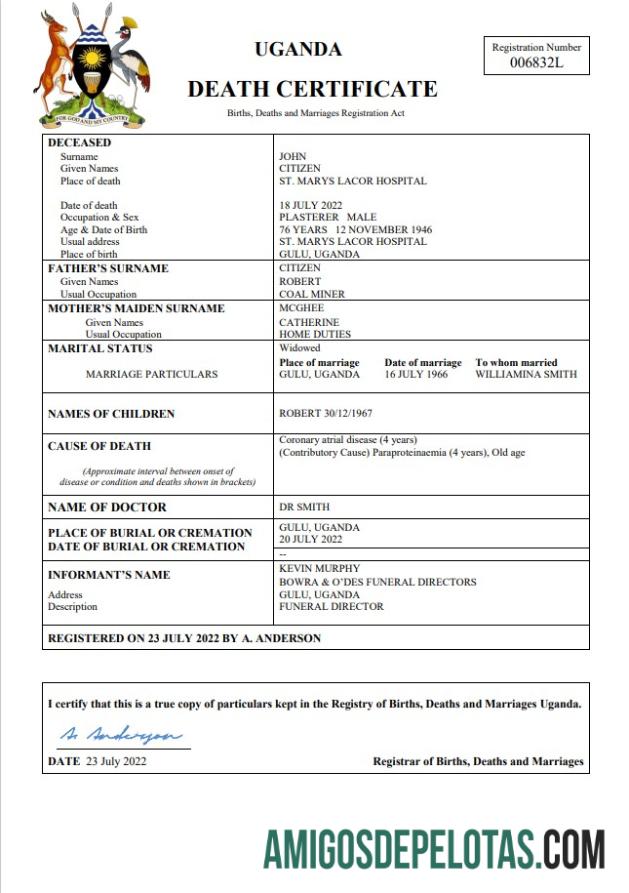 Berkualitas Uganda vital record kematian sertifikat Word and PDF templat