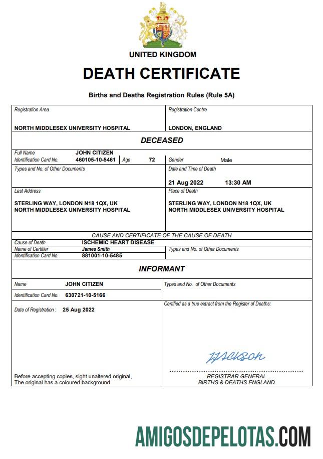 Dapat Diedit Inggris Raya vital record kematian sertifikat Word and PDF templat