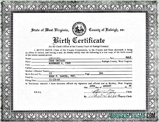 Amerika Serikat Clerk's office of West Virginia kelahiran sertifikat pratinjau