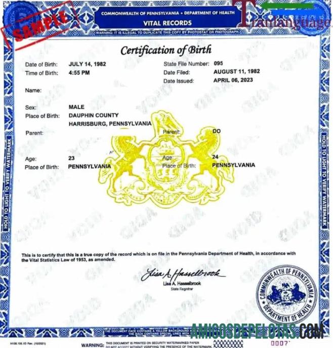 Amerika Serikat Commonwealth of Pennsylvania sertifikat of kelahiran templat