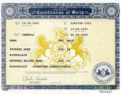 Amerika Serikat Commonwealth of Pennsylvania kelahiran sertifikat makering