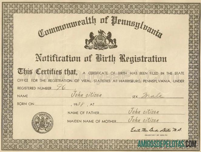 Amerika Serikat Commonwealth of Pennsylvania sertifikat of kelahiran pendaftaran sampel