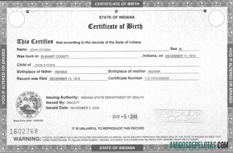 Amerika Serikat Indiana State Department of kesehatan kelahiran sertifikat sampel