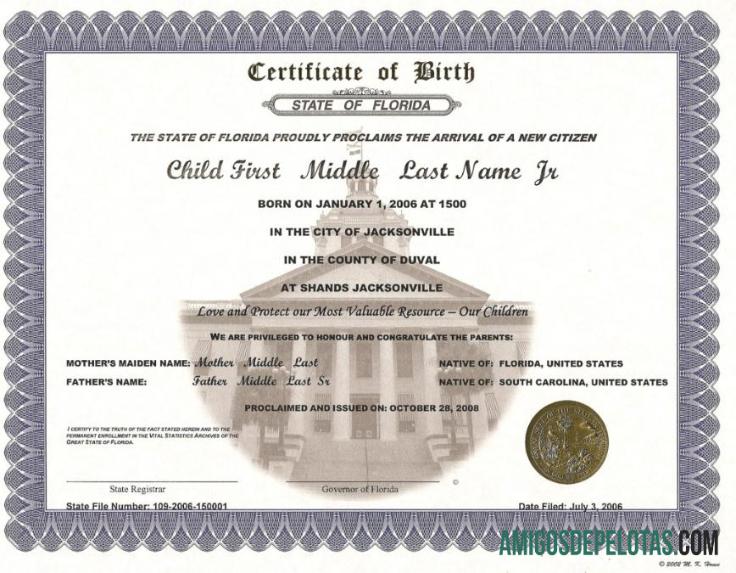 Amerika Serikat Registrar of Florida kelahiran sertifikat desain