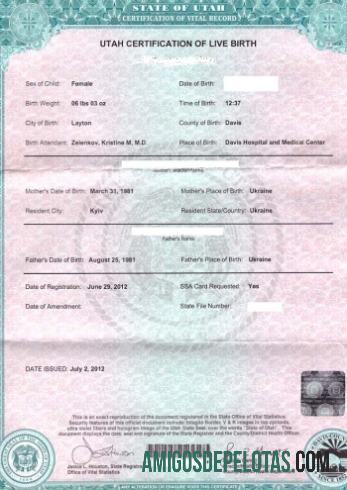 Amerika Serikat State office of Utah Vital Statistik Sertifikasi of kelahiran templat