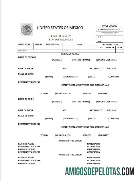 Amerika Serikat of Meksiko Civil registry of Zacatecas pernikahan sertifikat templat