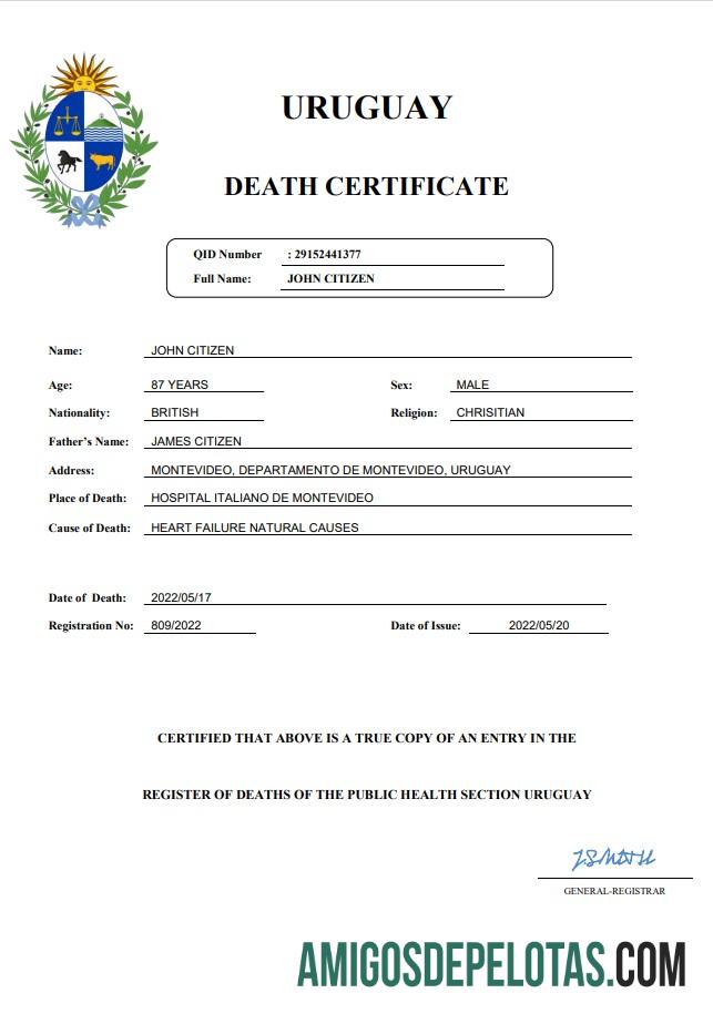 Dapat Diedit Uruguay kematian sertifikat Word and PDF templat