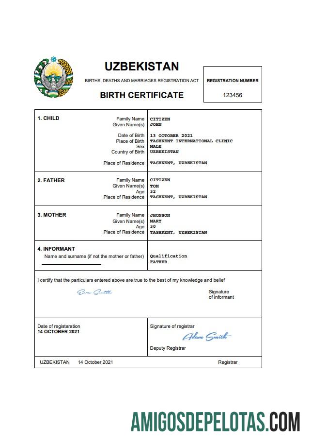 Dapat Diedit Uzbekistan vital record kelahiran sertifikat Word and PDF templat