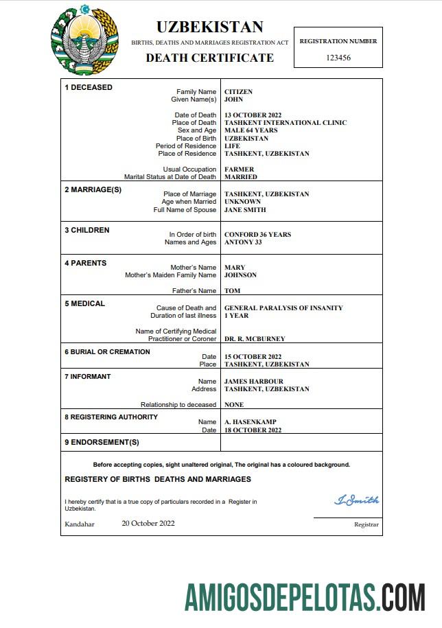 Premium Uzbekistan vital record kematian sertifikat Word and PDF templat