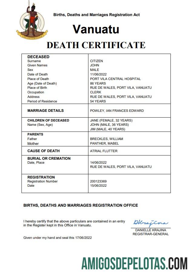 Dapat Diedit Vanuatu kematian sertifikat Word and PDF templat