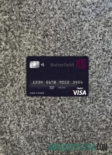 Barbados Butterfield bank visa kartu tampilan foto depan sampel