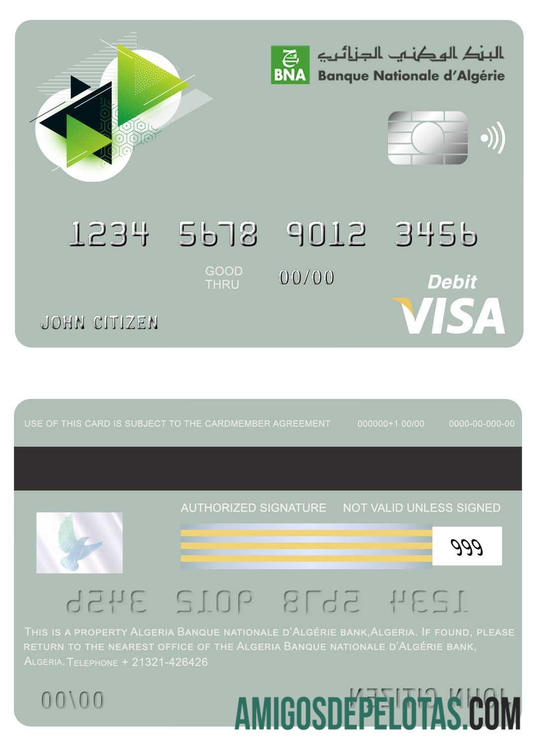 Aljazair Banque Nationale dΓÇÖAlge╠ürie (BNA) bank visa kartu templat