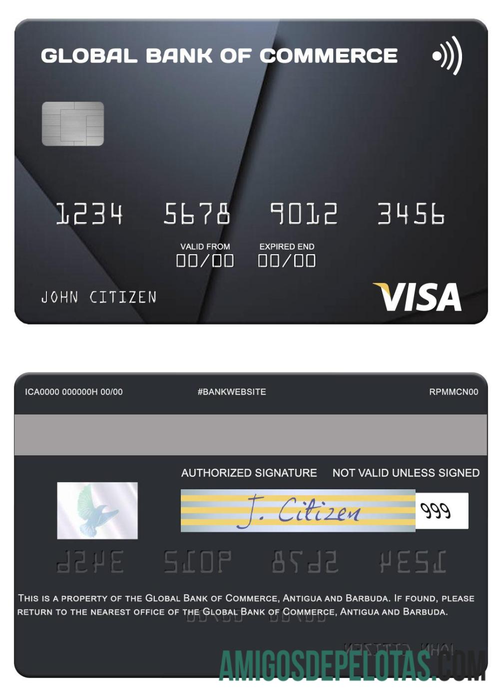 Antigua dan Barbuda Global bank of Commerce visa kartu templat
