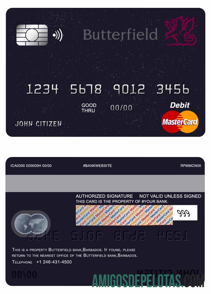 Barbados Butterfield bank mastercard Debit kartu sampel