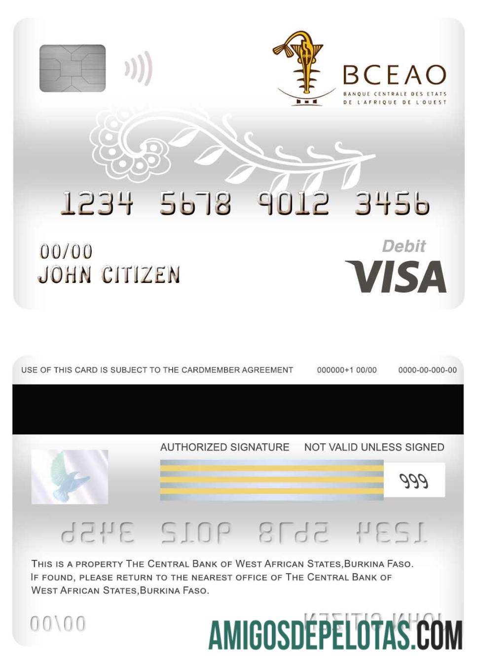 Burkina Faso The Central bank of West African States bank visa Debit kartu templat