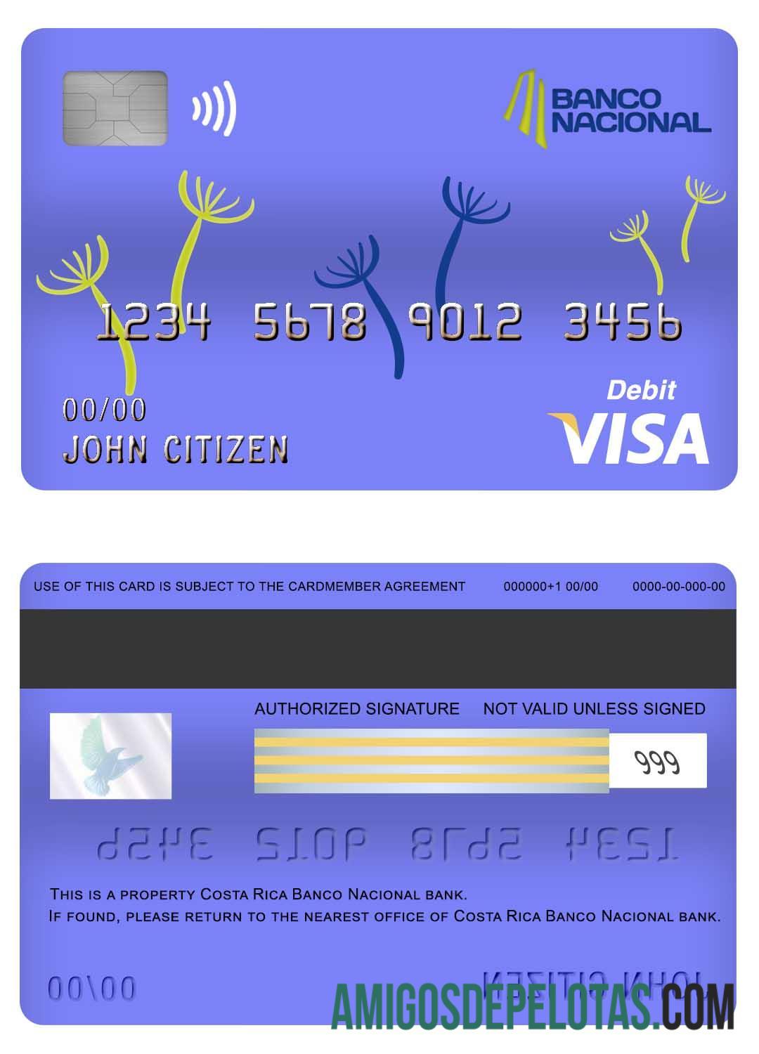 Kosta Rika Banco Nacional bank visa Debit kartu templat