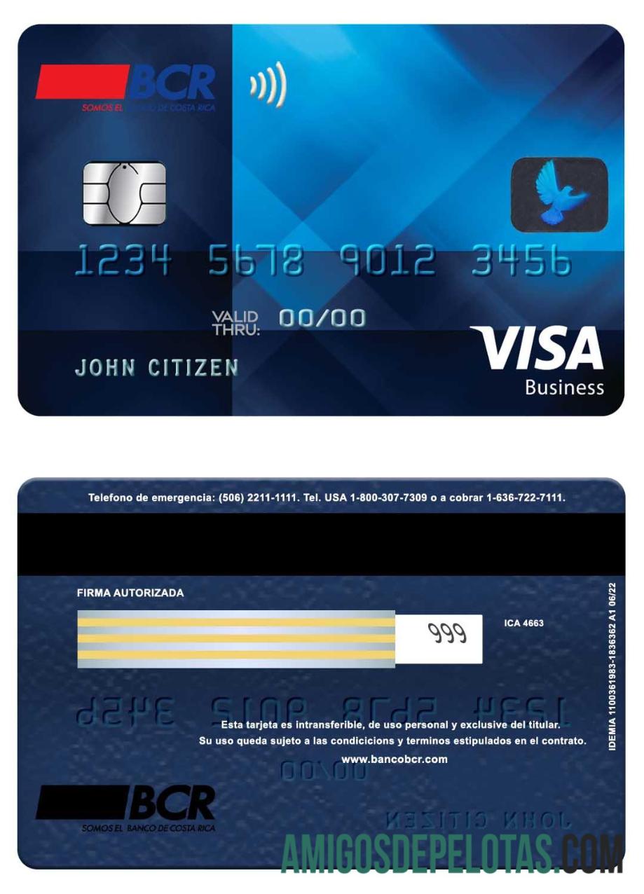 Kosta Rika The bank of Kosta Rika (BCR) visa bisnis kartu templat