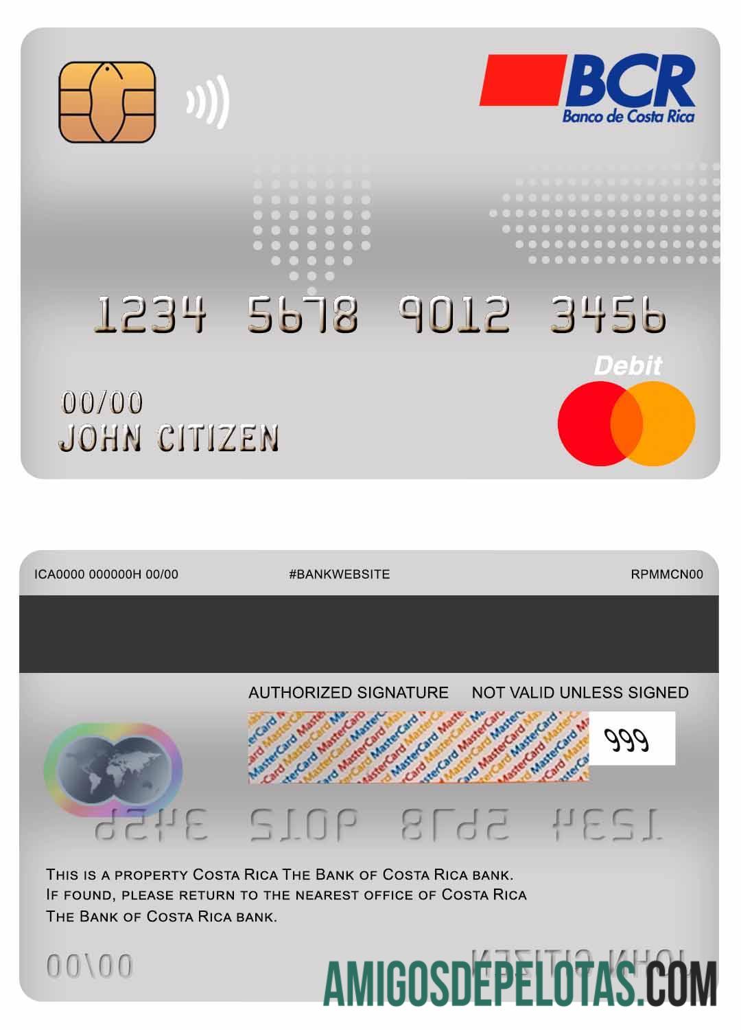Kosta Rika The bank of Kosta Rika bank master Debit kartu sampel