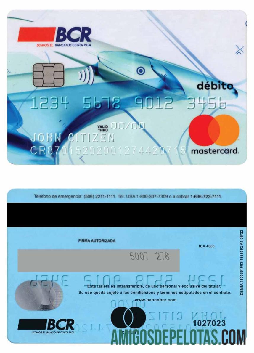Kosta Rika The bank of Kosta Rika mastercard Debit versi 2 sampel