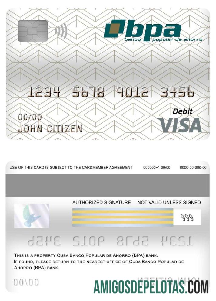 Kuba Banco Popular de Ahorro (BPA) bank visa Debit kartu pratinjau