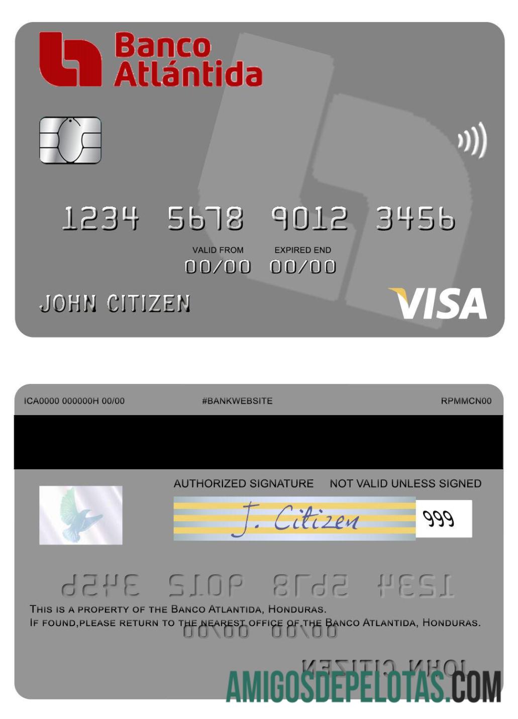Honduras Banco Atlantida visa kartu sampel