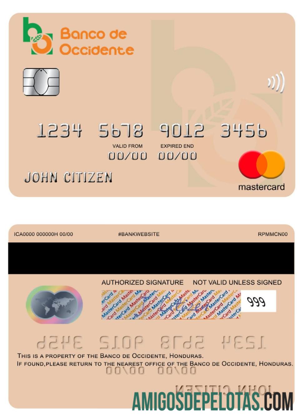 Honduras Banco de Occidente mastercard templat