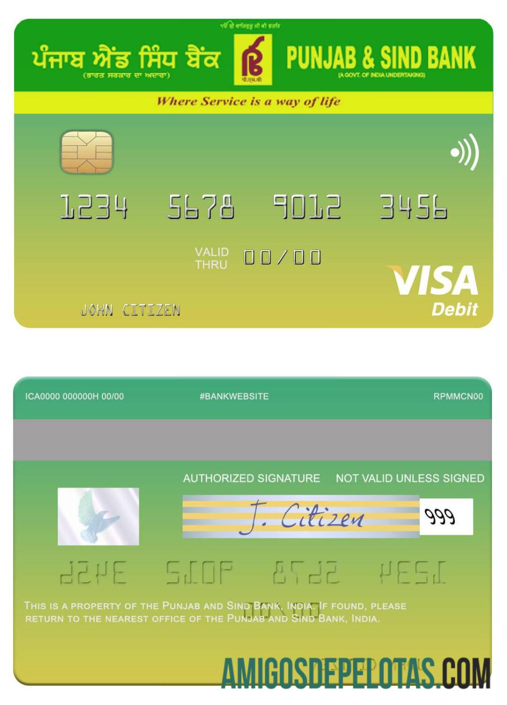 India Punjab and Sind bank visa Debit kartu templat