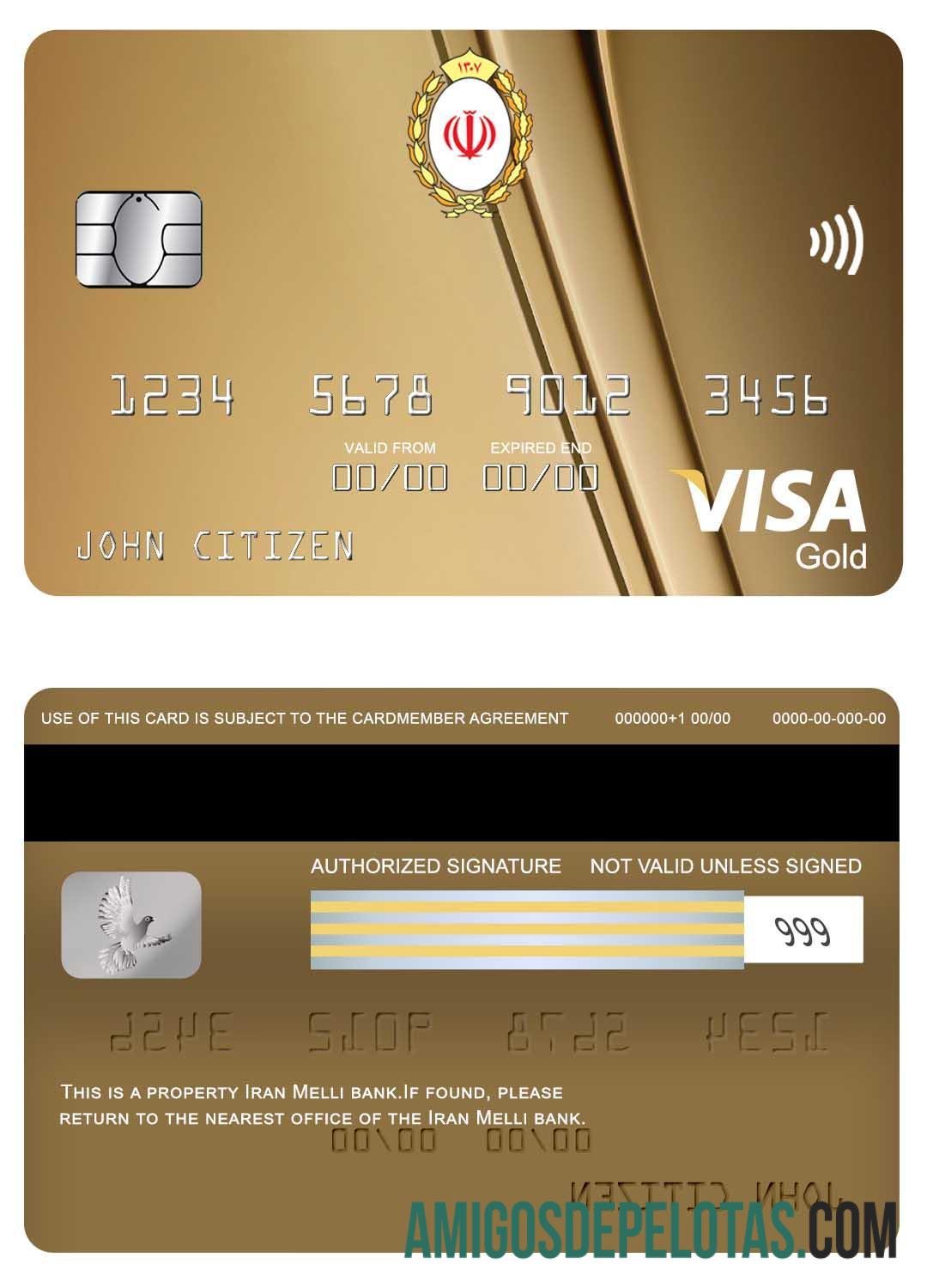 Iran Melli bank visa gold kartu templat