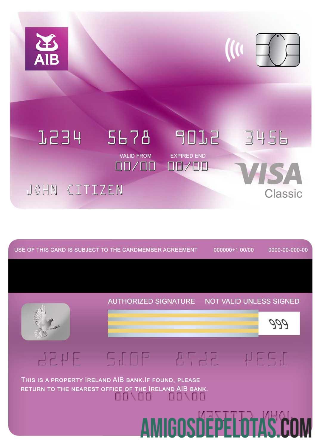 Irlandia AIB bank visa classic kartu templat