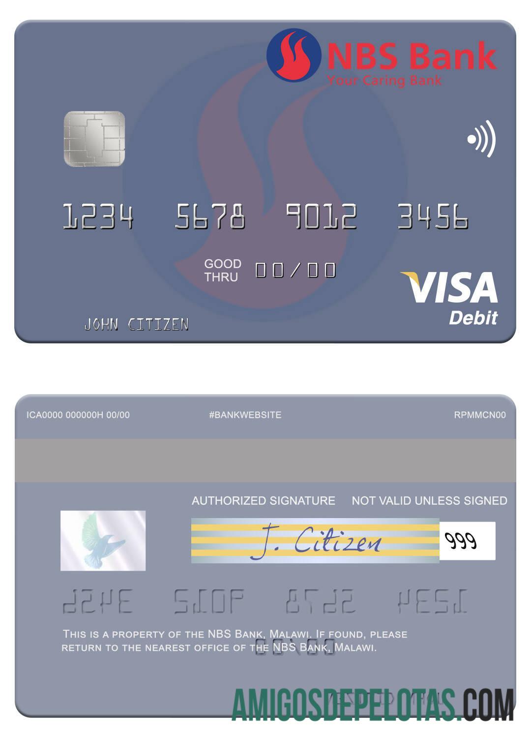 Malawi NBS bank visa Debit kartu sampel
