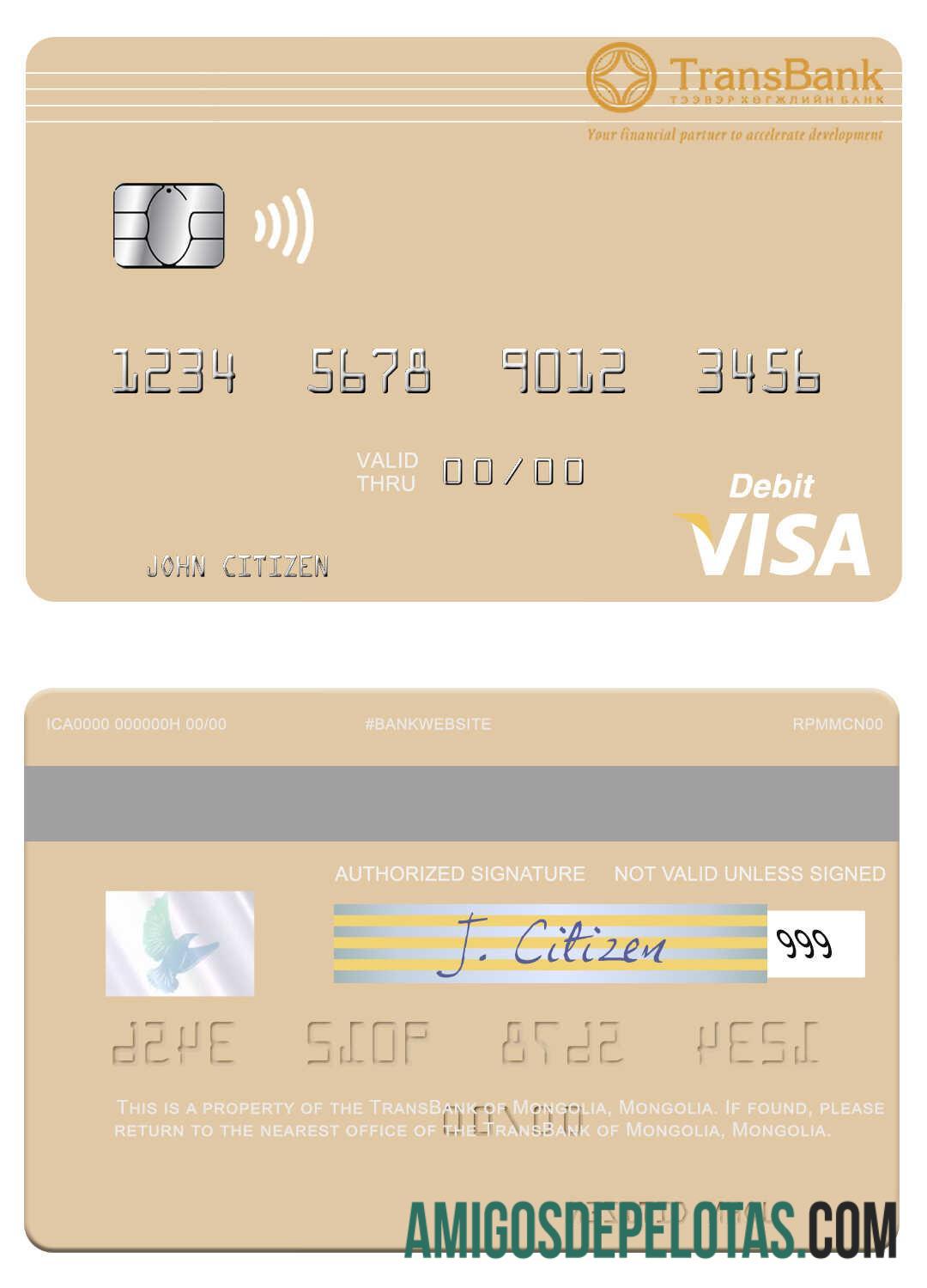 Mongolia TransBank of Mongolia visa Debit kartu sampel